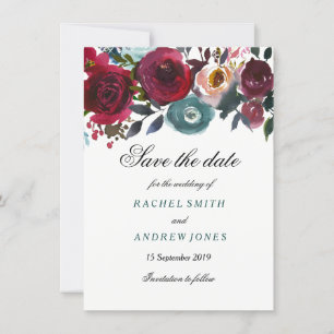 Save The Date Boho Bordo Bourgogne Fleurs rouges Sauvez la date