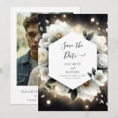 Save The Date Boho Botanique Blanc Roses Mariage (Devant / Derrière)