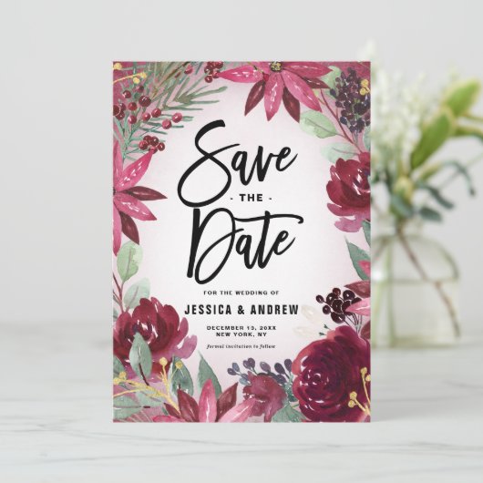 Save The Date Boho Bourgogne Hiver Cadre Floral Hiver (Debout devant)