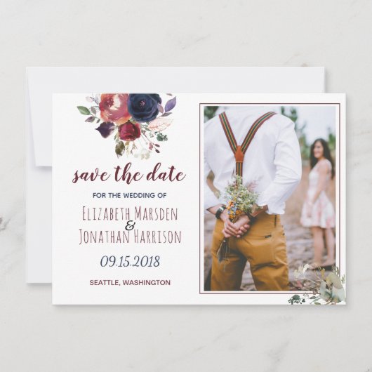 Save The Date Boho Bourgogne Navy Fleur Photo Enregistrer La Dat (Devant)