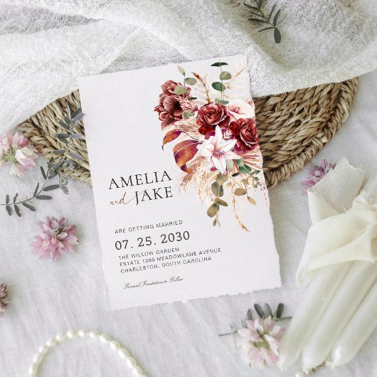 Save The Date Boho Burgundy & Blush Modern Floral