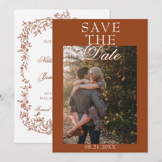 Save The Date Boho Burnt Orange Floral Botanical Photo Wedding (Devant / Derrière)