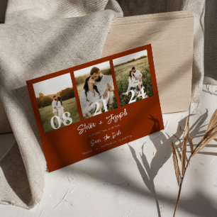 Save The Date Boho Burnt Orange Moderne Trois Photos Mariage