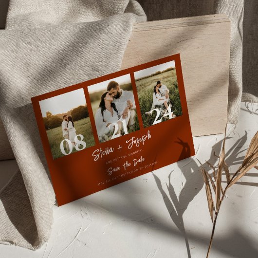 Save The Date Boho Burnt Orange Moderne Trois Photos Mariage