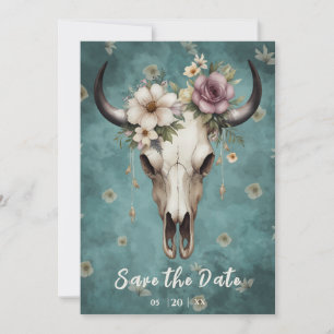 Save The Date Boho Chic Aquarelle Floral Vache Mariage crâne