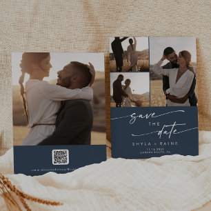 Save The Date Boho Chic Dark Navy Bleu Multi Photo QR Code