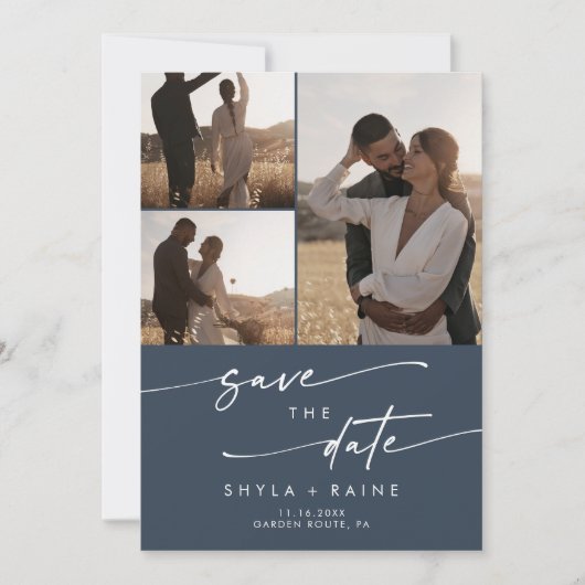 Save The Date Boho Chic Dark Navy Bleu Multi Photo QR Code (Devant)