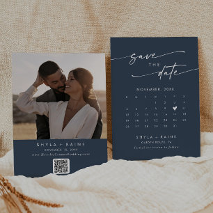 Save The Date Boho Chic Dark Navy Bleu QR Code Calendrier photo