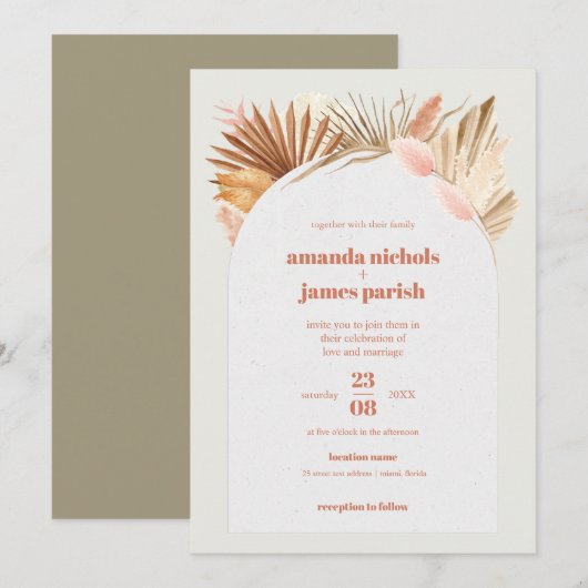 Save The Date Boho Chic Desert Mariage de feuillage séché et Pam (Devant / Derrière)