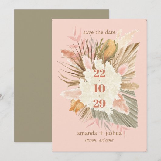 Save The Date Boho Chic Desert Mariage de feuillage séché et Pam (Devant / Derrière)