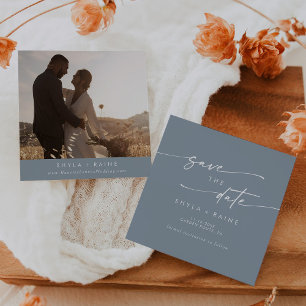 Save The Date Boho Chic Dusty Blue Carré Photo Retour