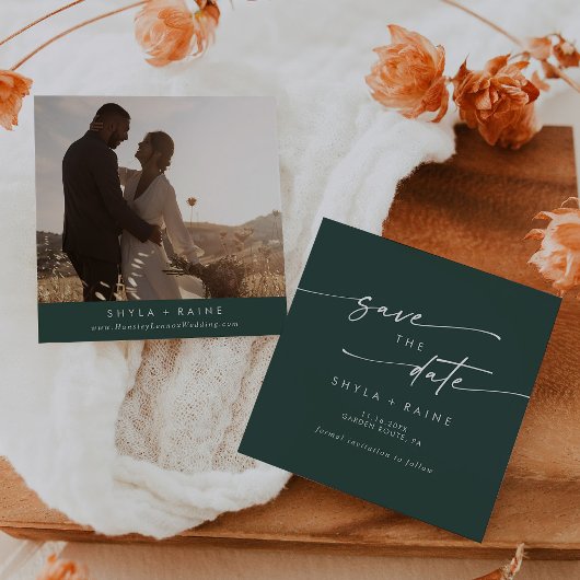 Save The Date Boho Chic Emerald Green Carré Photo Retour