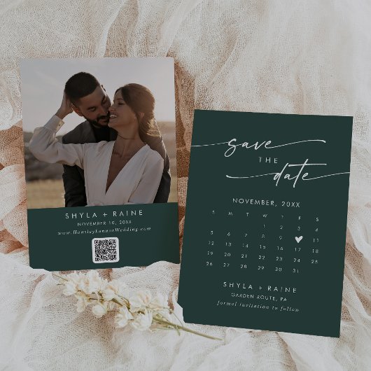 Save The Date Boho Chic Emerald Vert QR Code Calendrier photo