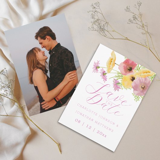 Save The Date Boho Chic Fleur de Fleur Rose Photo Mariage