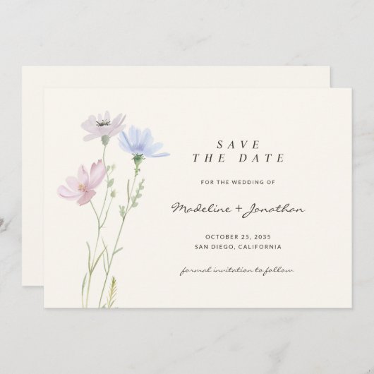 Save The Date Boho Chic Fleur sauvage Mariage beige (Devant / Derrière)