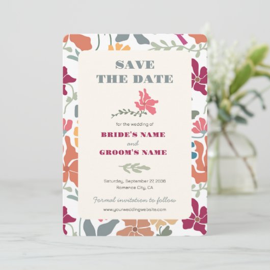 Save The Date Boho Chic Floral Mariage Rétro Milieu de Siècle (Debout devant)