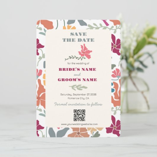 Save The Date Boho Chic Floral Mariage Rétro Milieu de Siècle (Debout devant)