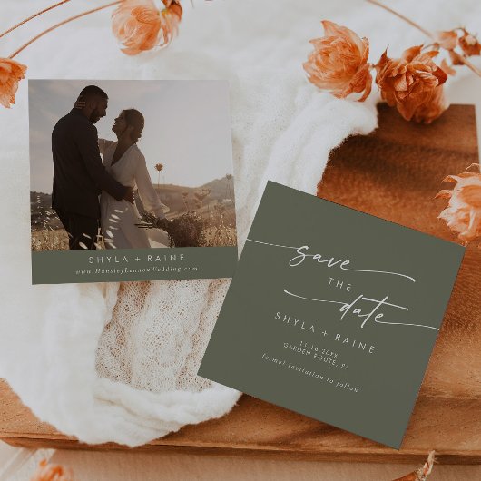 Save The Date Boho Chic Olive Green Carré Photo Retour