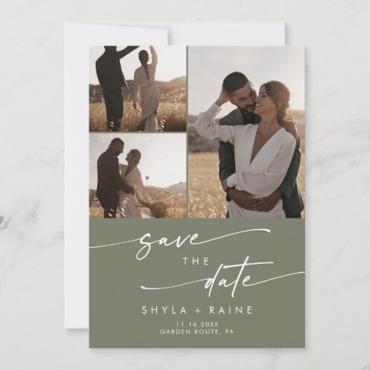 Save The Date Boho Chic Olive Vert Multi Photo QR Code (Devant)