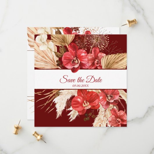 Save The Date Boho chic orchidée rouge chute personnalisée Maria (Devant/Arrière en situation)