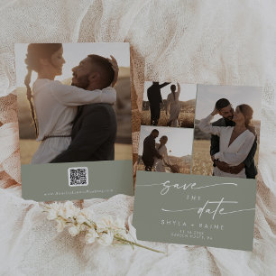 Save The Date Boho Chic Sage Vert Multiphoto QR Code