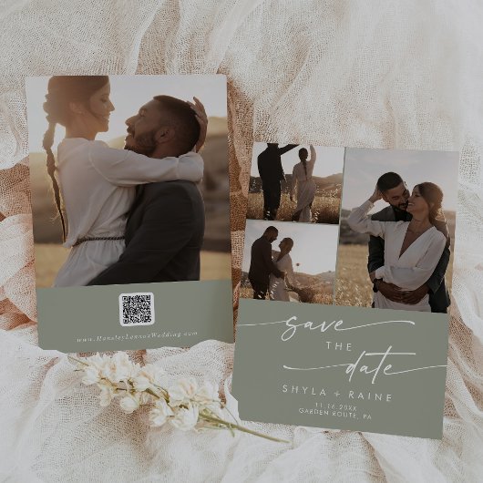 Save The Date Boho Chic Sage Vert Multiphoto QR Code