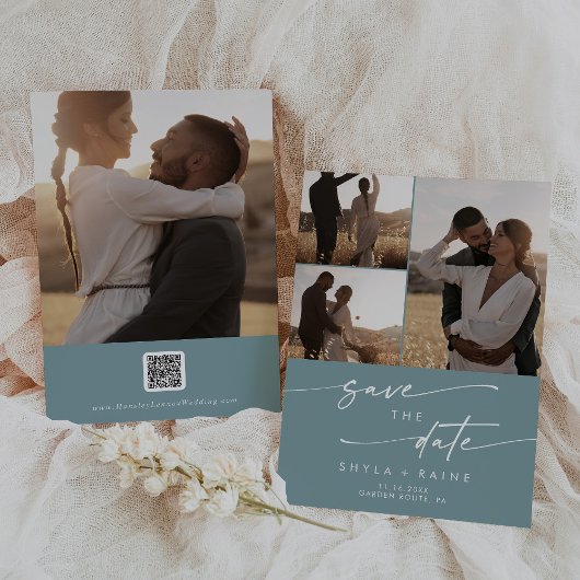 Save The Date Boho Chic Seafoam Turquoise multi photo QR Code