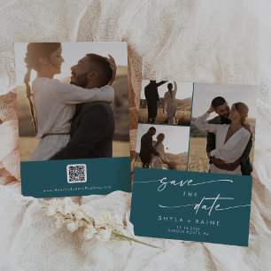 Save The Date Boho Chic Turquoise Bleu Multi Photo QR Code
