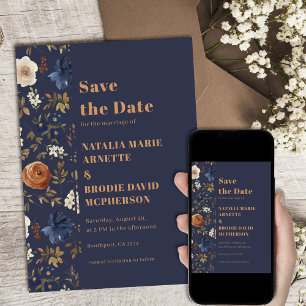Save The Date Boho Dark Blue Floral Wedding Enregistrer la date