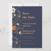 Save The Date Boho Dark Blue Floral Wedding Enregistrer la date (Devant)