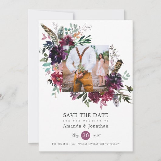 Save The Date Boho de vin de Bourgogne Mariage floral Photo (Devant)