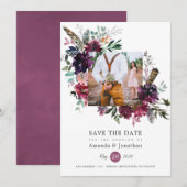 Save The Date Boho de vin de Bourgogne Mariage floral Photo (Devant / Derrière)