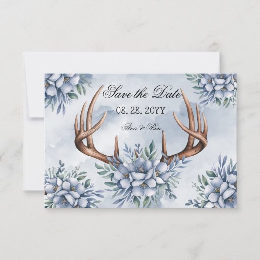 Save The Date Boho Deer Antler Dusty Blue Floral (Devant)