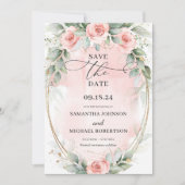 Save The Date Boho douce rose pastel fleurs verdure et or (Devant)