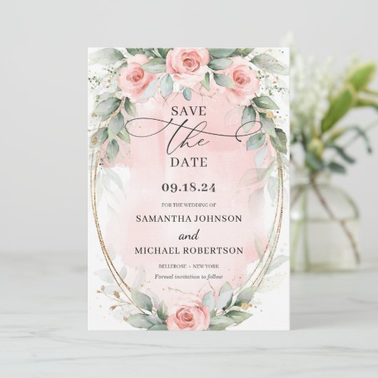 Save The Date Boho douce rose pastel fleurs verdure et or (Debout devant)