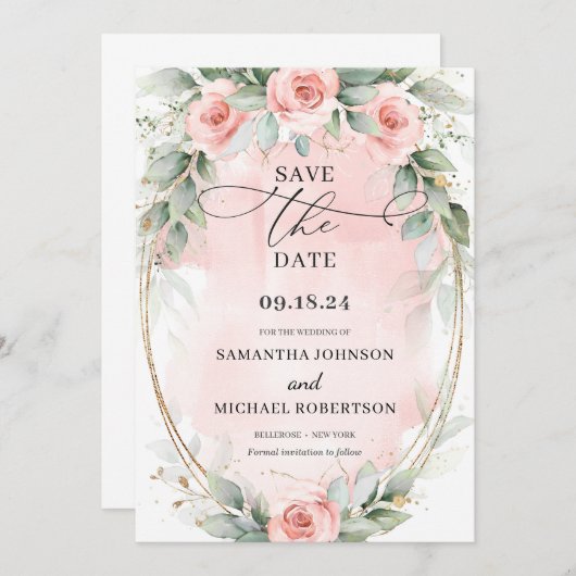 Save The Date Boho douce rose pastel fleurs verdure et or (Devant / Derrière)