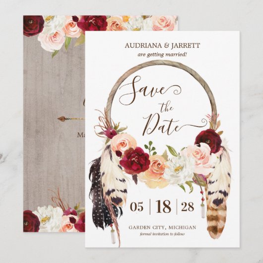 Save The Date Boho Dreamcatcher Blush & Roses de Pêches (Devant / Derrière)