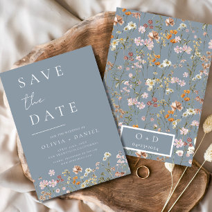 Save The Date Boho Dusty Blue Fleurs sauvages Enregistrer la dat