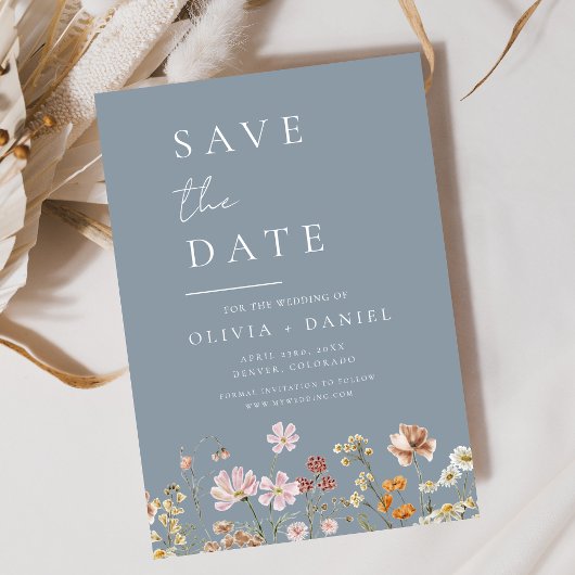 Save The Date Boho Dusty Blue Fleurs sauvages Enregistrer la dat