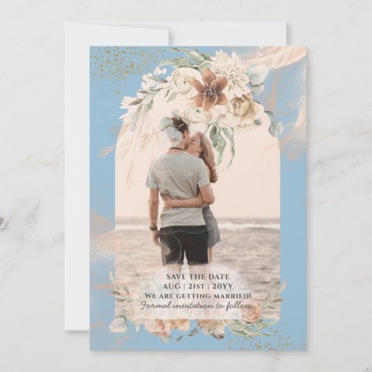 Save The Date BOHO Dusty Blue Pampas Grass Mariage (Devant)