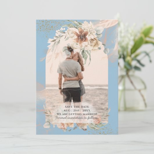 Save The Date BOHO Dusty Blue Pampas Grass Mariage (Debout devant)