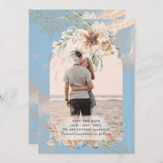 Save The Date BOHO Dusty Blue Pampas Grass Mariage (Devant / Derrière)
