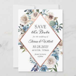 Save The Date Boho Dusty Blue Rustic Floral Rose Mariage or