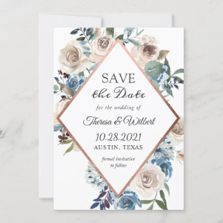 Save The Date Boho Dusty Blue Rustic Floral Rose Mariage or