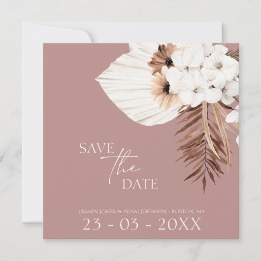 Save The Date Boho Dusty Rose Pampas Mariage en herbe (Devant)