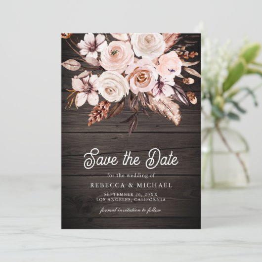 Save The Date Boho Earthy Floral Photo Mariage en bois (Debout devant)