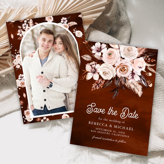 Save The Date Boho Earthy Floral Photo Terracotta Mariage