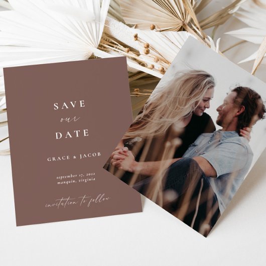Save The Date Boho Elegant Terre Dusty Purple Script Photo