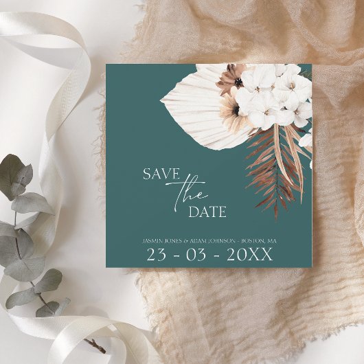 Save The Date Boho Emerald Green Pampas Grass Mariage