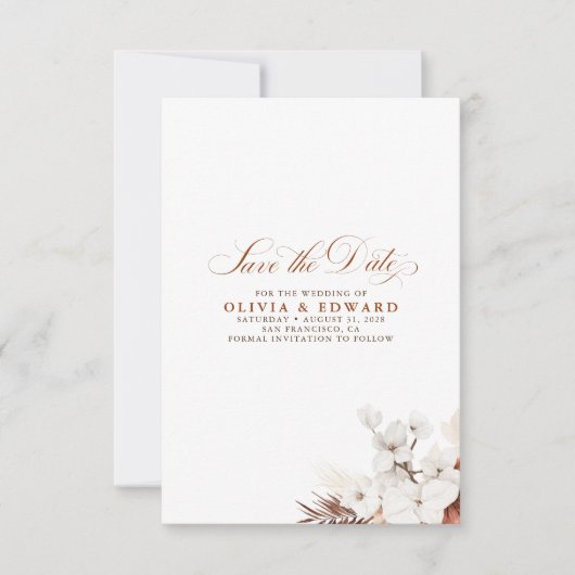 Save The Date Boho en terre cuite et fleurs blanches Enregistrer (Devant)